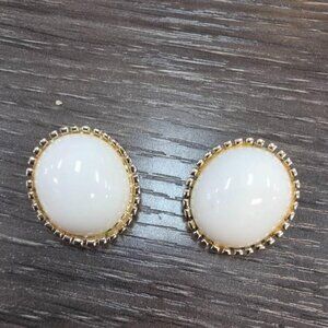 Vintage Marvella Oval Clip-On Earrings | White Cabochon Gold-Tone